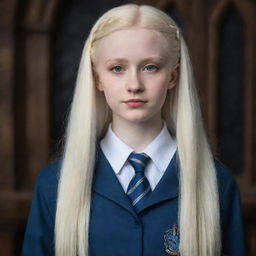 An impressive portrait of a beautiful, perfect albino girl from Ravenclaw in Hogwarts uniform standing next to Harry Potter, their unique characteristics captured through exquisite detail.