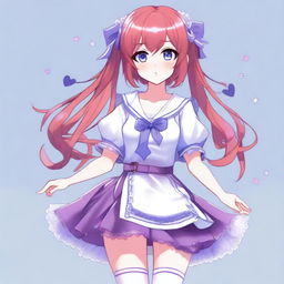 A waifu with red hair and some purple streaks, sky blue eyes, wearing a purple skirt outfit with pink and blue accents, white stockings, and white shoes