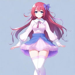 A waifu with red hair and some purple streaks, sky blue eyes, wearing a purple skirt outfit with pink and blue accents, white stockings, and white shoes