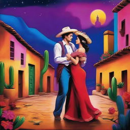 A sensual Mexican scene featuring vibrant colors, traditional clothing, and a romantic atmosphere