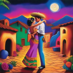 A sensual Mexican scene featuring vibrant colors, traditional clothing, and a romantic atmosphere