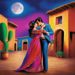 A sensual Mexican scene featuring vibrant colors, traditional clothing, and a romantic atmosphere