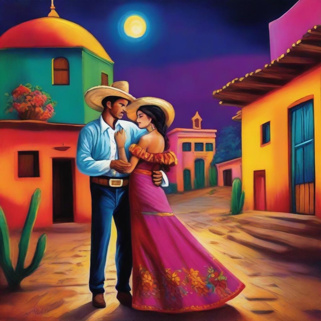 A sensual Mexican scene featuring vibrant colors, traditional clothing, and a romantic atmosphere