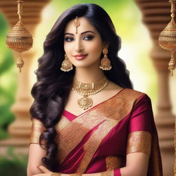 A beautiful Indian woman wearing traditional attire, such as a saree, adorned with elegant jewelry