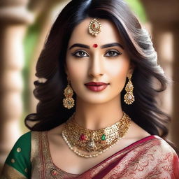 A beautiful Indian woman wearing traditional attire, such as a saree, adorned with elegant jewelry