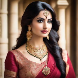 A beautiful Indian woman wearing traditional attire, such as a saree, adorned with elegant jewelry