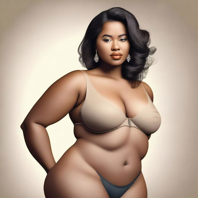 A realistic and artistic portrayal of a confident woman with a curvaceous figure, emphasizing her natural beauty and body positivity