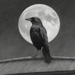 A detailed pencil drawing of a crow perched on a rooftop, night sky with full moon in the background.