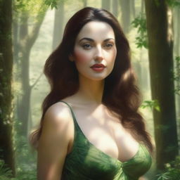 A realistic depiction of a woman in a forest setting