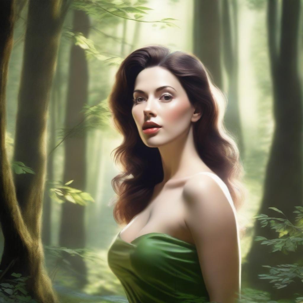 A realistic depiction of a woman in a forest setting