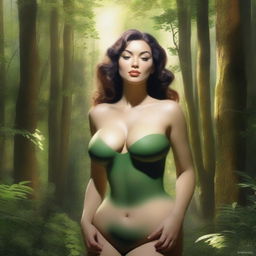 A realistic depiction of a woman in a forest setting