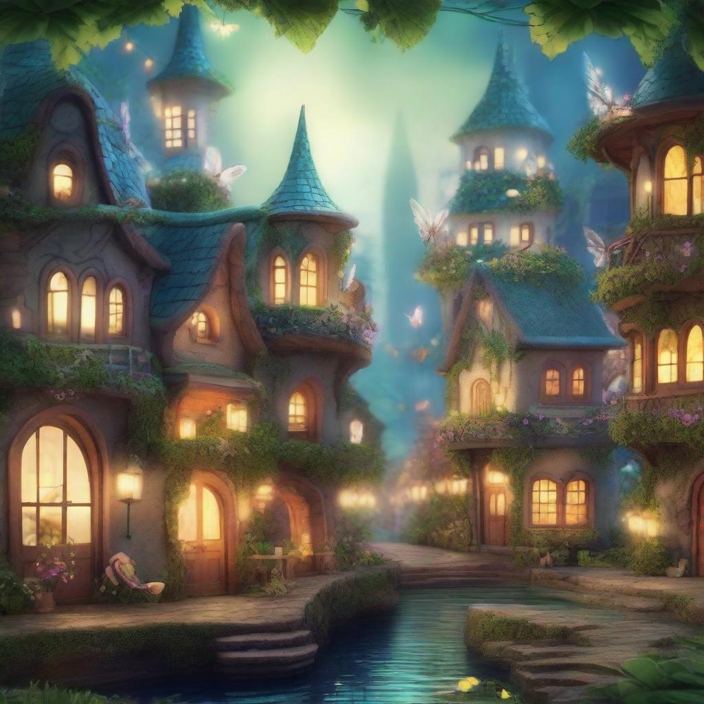 A magical city of fairies with glowing lights, whimsical architecture, and lush greenery