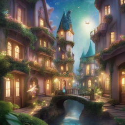 A magical city of fairies with glowing lights, whimsical architecture, and lush greenery