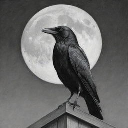 A detailed pencil drawing of a crow perched on a rooftop, night sky with full moon in the background.