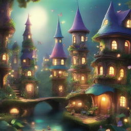 A magical city of fairies with glowing lights, whimsical architecture, and lush greenery