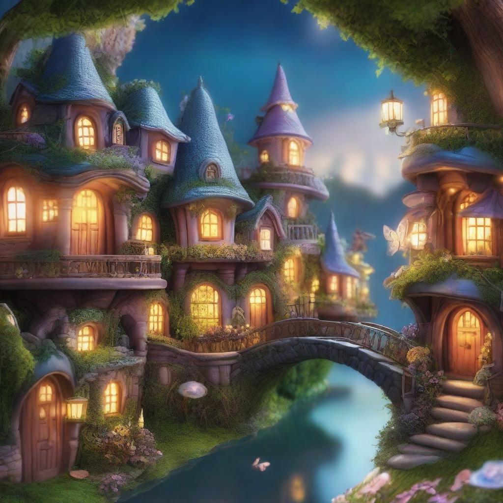 A magical city of fairies with glowing lights, whimsical architecture, and lush greenery