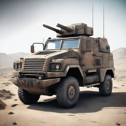 A detailed image of a war vehicle, fully equipped with weapons and armor, set in a rugged battlefield environment