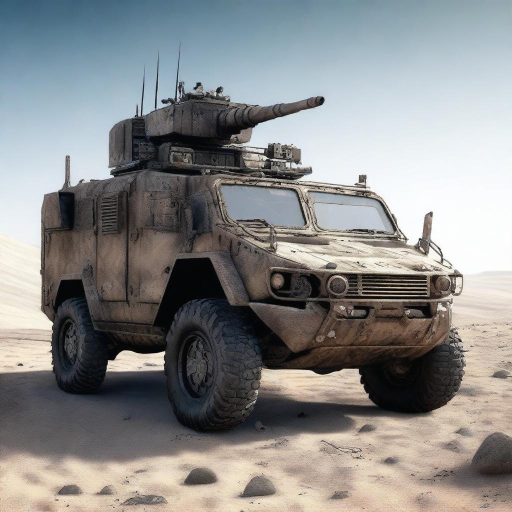 A detailed image of a war vehicle, fully equipped with weapons and armor, set in a rugged battlefield environment