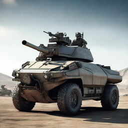 A detailed image of a war vehicle, fully equipped with weapons and armor, set in a rugged battlefield environment