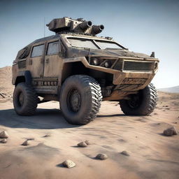 A detailed image of a war vehicle, fully equipped with weapons and armor, set in a rugged battlefield environment