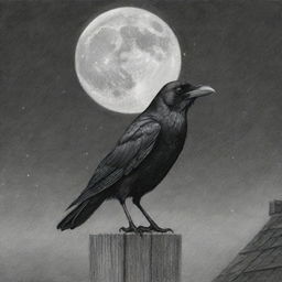 A detailed pencil drawing of a crow perched on a rooftop, night sky with full moon in the background.