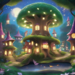 A magical city of fairies hidden in a forest with a large magical tree at the center of the city