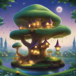 A magical city of fairies hidden in a forest with a large magical tree at the center of the city