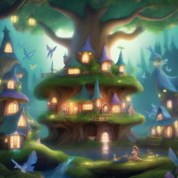 A magical city of fairies hidden in a forest with a large magical tree at the center of the city