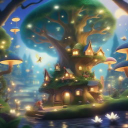 A magical city of fairies hidden in a forest with a large magical tree at the center of the city