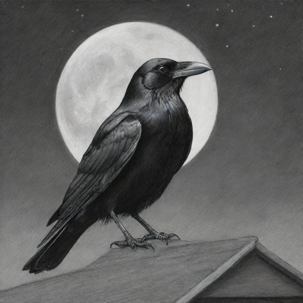 A detailed pencil drawing of a crow perched on a rooftop, night sky with full moon in the background.