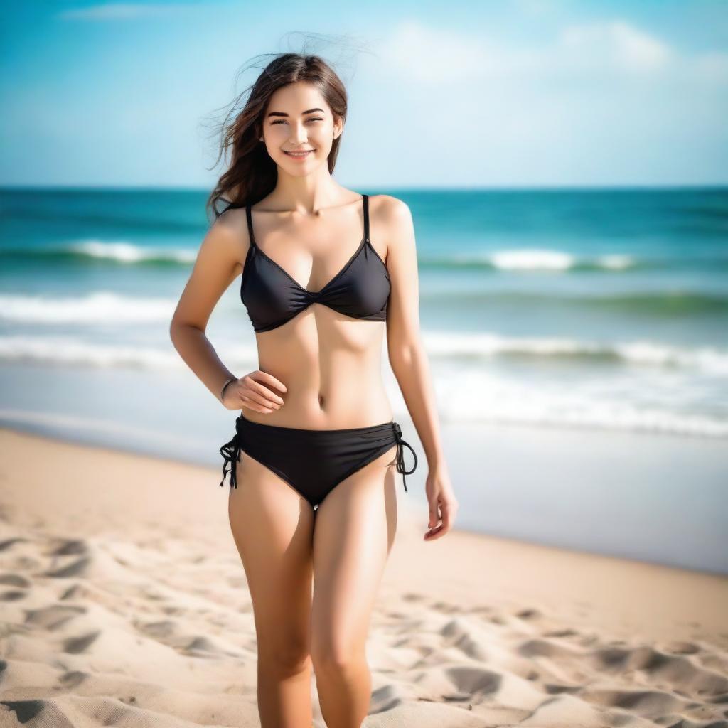 A beautiful girl in a stylish swimsuit standing on the beach