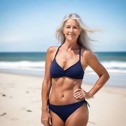 A beautiful mature woman in a stylish swimsuit standing on the beach