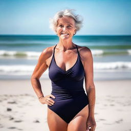 A beautiful mature woman in a stylish swimsuit standing on the beach