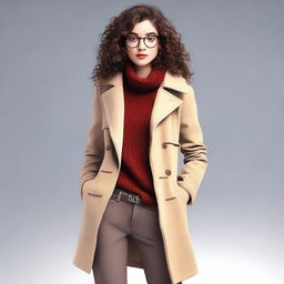 A girl with shoulder-length curly brown hair, round glasses, and brown eyes