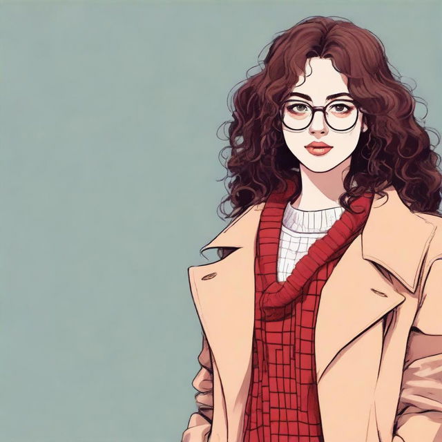 A girl with shoulder-length curly brown hair, round glasses, and brown eyes