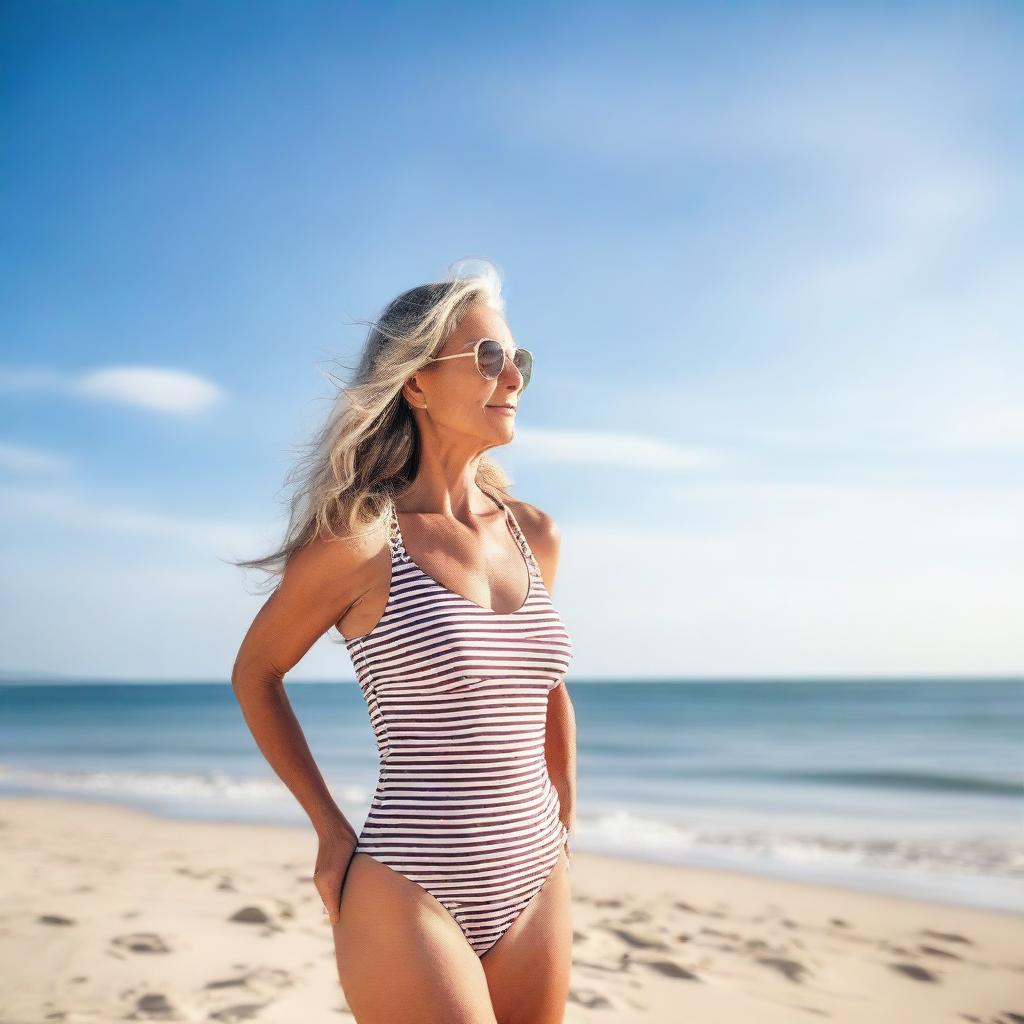 A beautiful mature woman in a stylish swimsuit standing on the beach