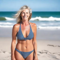 A beautiful and confident mature woman in a stylish swimsuit standing on the beach