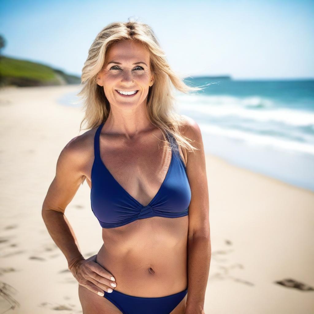 A beautiful and confident mature woman in a stylish swimsuit standing on the beach