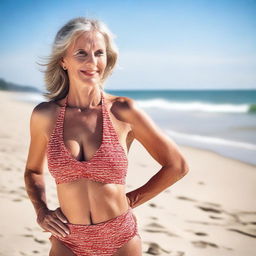 A beautiful and confident mature woman in a stylish swimsuit standing on the beach