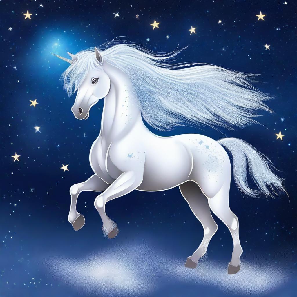 A majestic Pegasus with a starry mane and constellations on its fur, standing gracefully under a night sky filled with twinkling stars