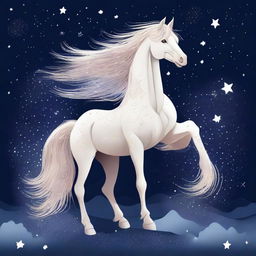 A majestic Pegasus with a starry mane and constellations on its fur, standing gracefully under a night sky filled with twinkling stars