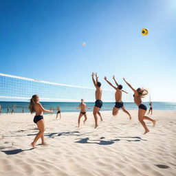 Create an image of a volleyball game taking place on a sunny beach