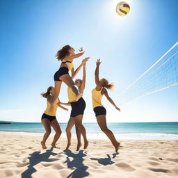 Create an image of a volleyball game taking place on a sunny beach