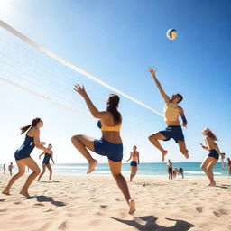 Create an image of a volleyball game taking place on a sunny beach