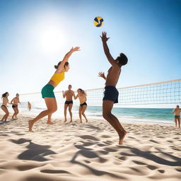 Create an image of a volleyball game taking place on a sunny beach