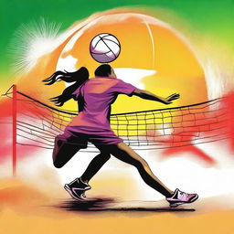 Design a t-shirt featuring a vibrant and dynamic volleyball theme