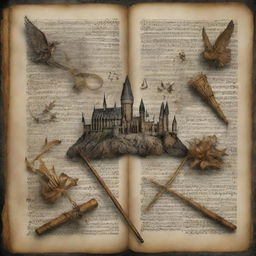 An artistic composition incorporating magical elements like wands, musical notes, and Hogwarts symbols, suggesting the magic and mysteries awaiting the readers.