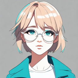 Create an anime-style image of a girl with short, very dark blonde hair, teal eyes, and silver circle glasses