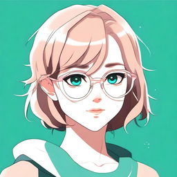 Create an anime-style image of a girl with short, very dark blonde hair, teal eyes, and silver circle glasses