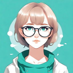 Create an anime-style image of a girl with short, very dark blonde hair, teal eyes, and silver circle glasses